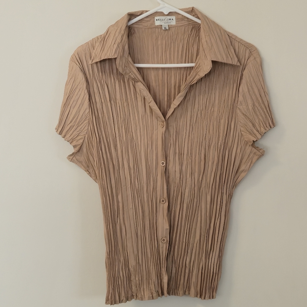 Bellissima XL Tan Micro Pleated Crinkle Button Up Coastal Minimalist Top - Picture 14 of 14